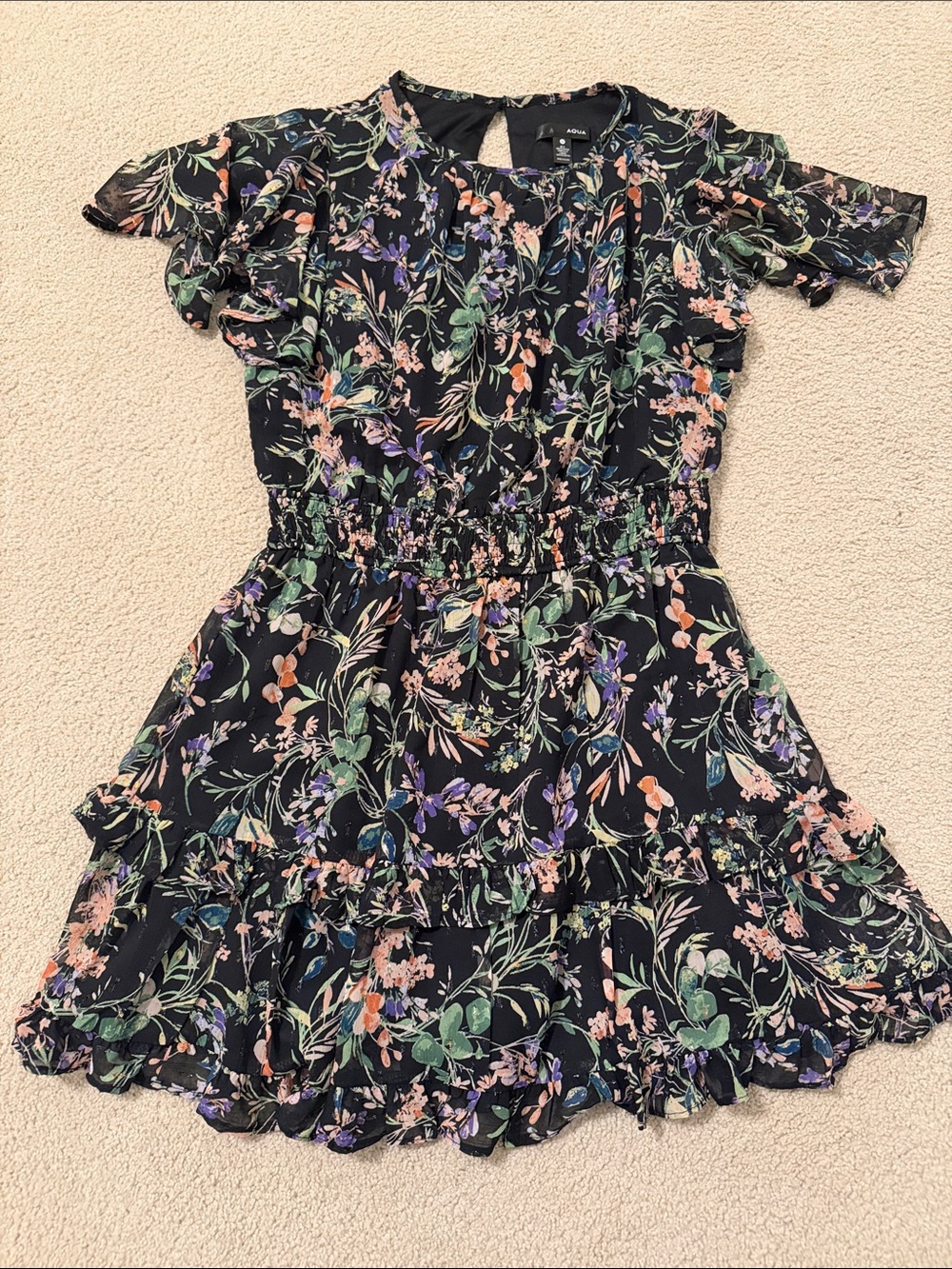 Bloomingdale’s Aqua Tiered Ruffle Mini Dress Floral